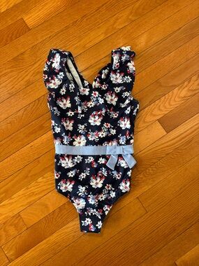 NWOT Janie and Jack Navy Floral One-Piece Swimsuit with Light Blue Waist Bow